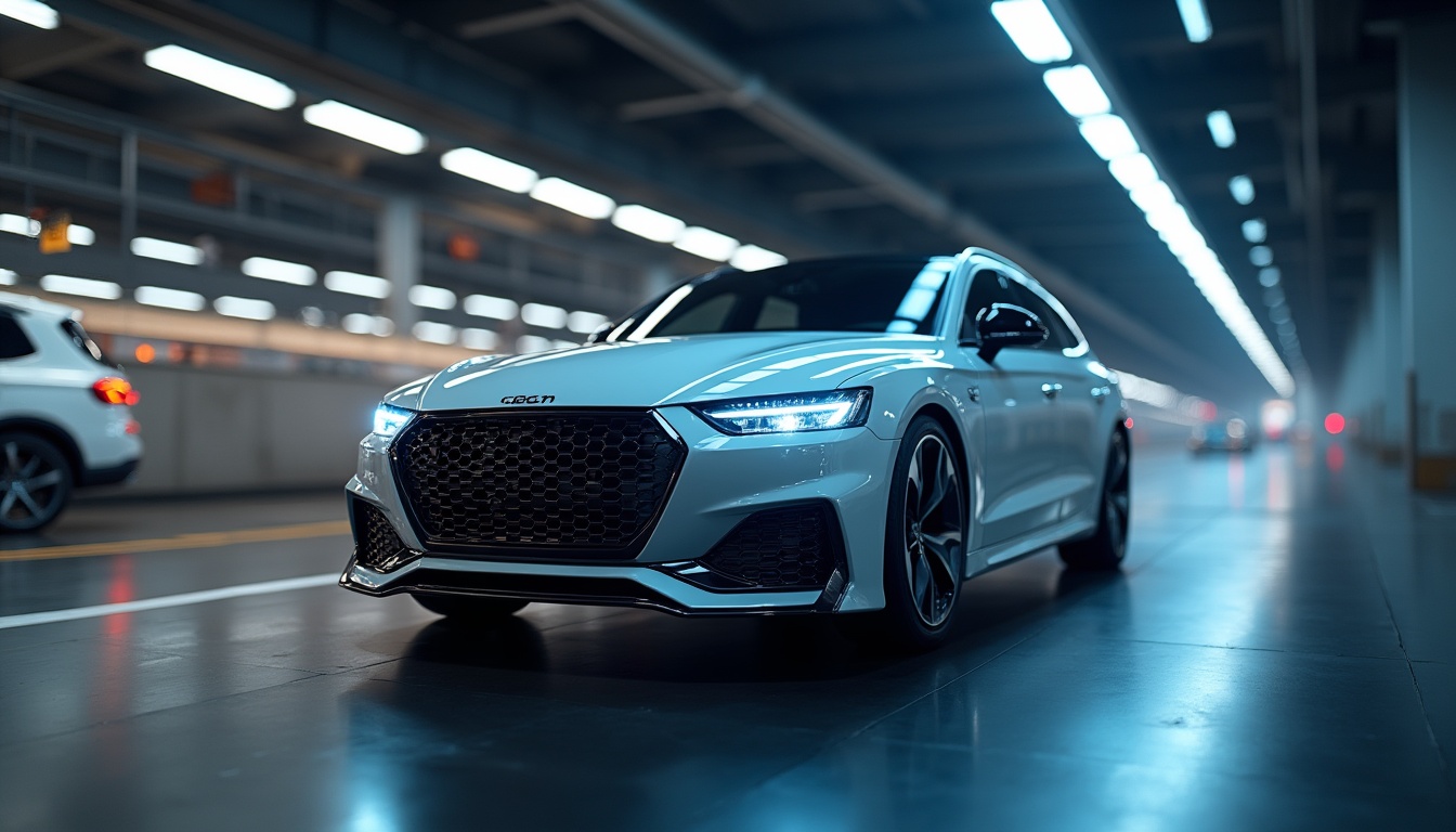 O spălătorie auto automată futuristă în anul 2026, cu lumini LED și tehnologie avansată.